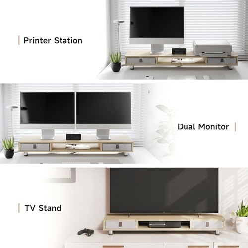 Dual Monitor Stand, 2-Tier Desk Organizer with Drawers, 42.5in, Oak - view 5