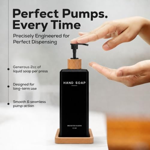 Black Glass Hand and Dish Soap Dispenser Set - 12oz Kitchen Soap Dispenser Set with Bamboo Tray and Pump - Boho Modern Home Decor for Kitchen Sink, Restaurant, Hotel, Gifts (Black) - view 4