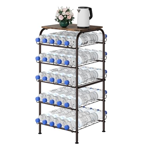 Water Bottle Organizer 5 Tier Free Standing Water Bottle Holder Rack Large Capacity Bottled Water Storage Rack Metal Soda Can Beverage Drink Stand Shelf for Kitchen Pantry Office, Brown