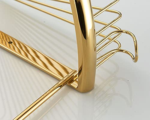 Rust-Free 2-Tier Brass Shower Caddy - Wall-Mounted Corner Shelves with Hooks for Shampoo & Bath Accessories, Space-Saving Bathroom Storage Solution - view 6