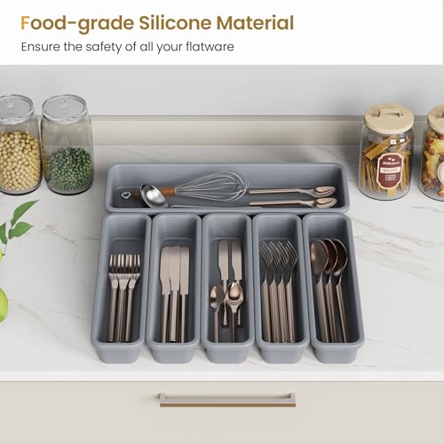 6 Pack Silicone Kitchen Drawer Organizer, DIY Combination Silverware Utensil Tray, Water Repellent, Anti-slip, Heat Resistant to 200°C (Grey) - view 2