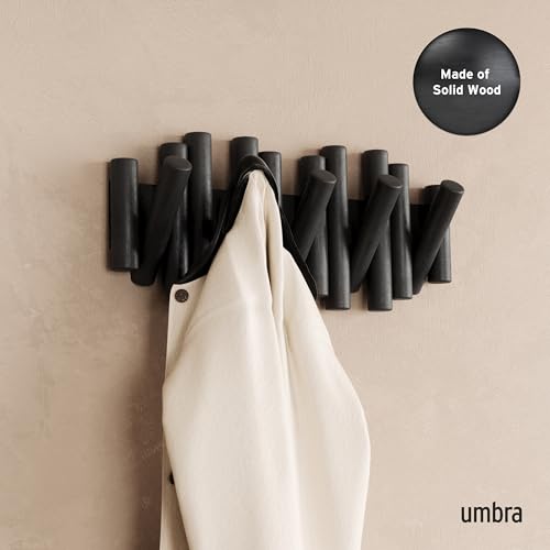 Picket Wall-Mounted Coat Rack Rail Hook with 5 Retractable Wood Pegs – Modern, Space-Saving Storage Organizer, Black - view 2