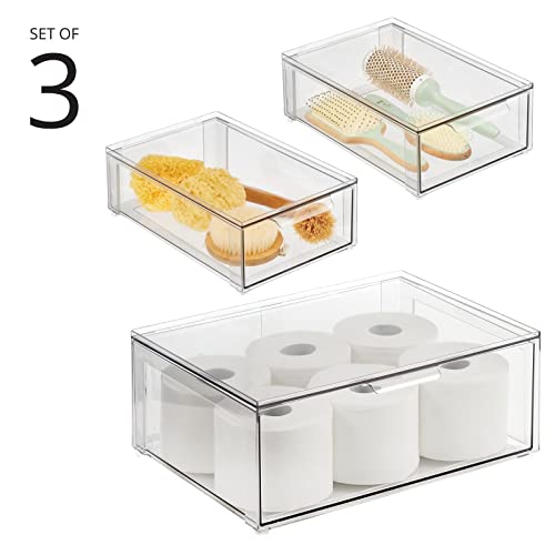 Plastic Stackable Bathroom Storage Organizer Bin Containers with Front Pull Drawer for Bathroom Countertop, Vanity, Closet Shelves - Holder for Accessories, Lumiere Collection, Set of 3, Clear - view 3