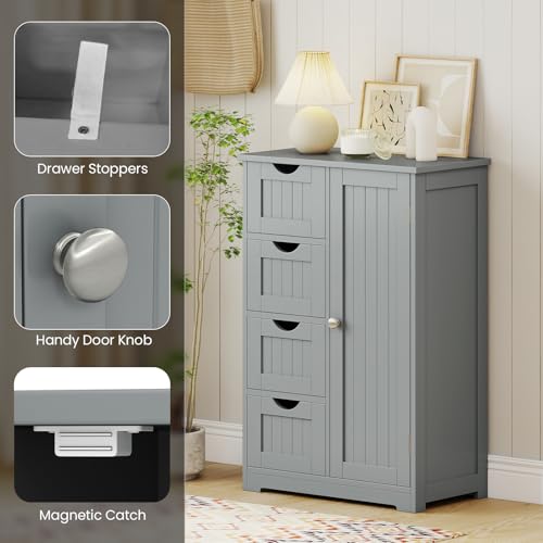 Bathroom Cabinet, Freestanding Storage Cabinet with 1 Door & 4 Drawers, 3-Level Adjustable Shelf, Anti-toppling System, Modern Storage Organizer for Bathroom, Living Room, Kitchen (Gray) - view 7