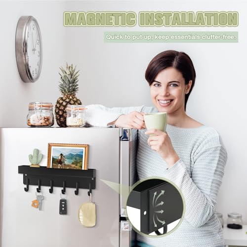 Key Holder Wall Mount, Magnetic Key Rack with Tray, 6 Hooks, Black - view 3