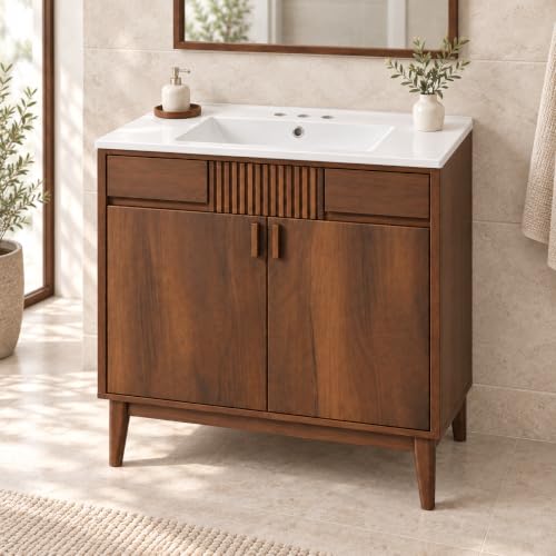 36 Inch Bathroom Vanity with Sink, Mid Century Walnut Freestanding Vanity Cabinet with Ceramic Sink Top, Solid Wood Legs, Vertical Slatted Accent, Soft Close Doors and Storage - view 4