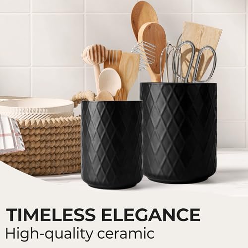 Kitchen Utensil Holder Ceramic/Kitchen Organizer Set, Farmhouse Decor for Organizing Countertop and Storing Cutlery, Cooking Spoons, and Accessories - Palmanova Collection (Black) - view 3