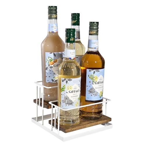 Cofee Syrup Bottle Holder Rack, Rustic Wood and White Metal Wire 2 Tier 4 Syrup, Wine, Dressing Bottle Countertop Display Storage Stand for Kitchen Coffee Bar- MK816F