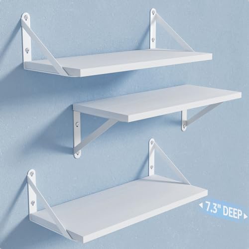 Wall Shelves 7.3" Deep Solid Paulownia Wood (White, Set of 3)