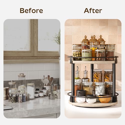 Lazy Susan Organizer, Rotating Spice Rack, 2 Tier Spice Turntable Organizer, Industrial Turntable Spice Holder, for Kitchen Countertop and Cabinet, Compact and Versatile, Greige SR22BG - view 6