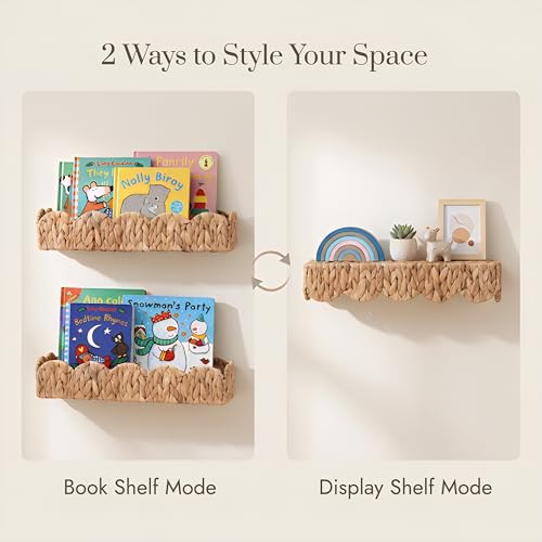 2 Pack Nursery Book Shelves, Scalloped Water Hyacinth Book Shelf for Kids Rooms, Handwoven Floating Book Shelves for Wall, 15.8” Wicker Hanging Bookshelf for Books, Toys, Photo Frames, Nursery decor - view 4