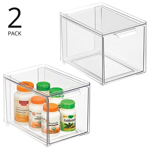 Plastic Bathroom Organizer Bin w/Pull Out Drawer - Slim Stackable Storage Container for Bathroom Accessories - Perfect for Organizing Bathroom Cabinet - Lumiere Collection - 2 Pack - Clear - view 4
