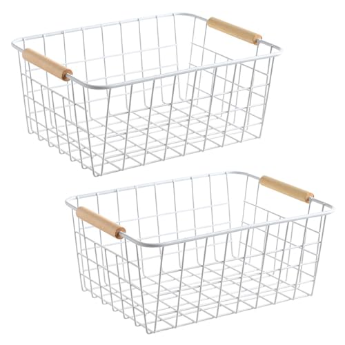 White wire baskets for organizing with Wooden Handles Storage Organizer Baskets, Household snack basket for Cabinets, Pantry, Closets, Bedrooms, pantry organizers and storage - Set of 2（White）