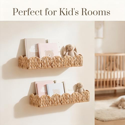 2 Pack Nursery Book Shelves, Scalloped Water Hyacinth Book Shelf for Kids Rooms, Handwoven Floating Book Shelves for Wall, 15.8” Wicker Hanging Bookshelf for Books, Toys, Photo Frames, Nursery decor - view 2