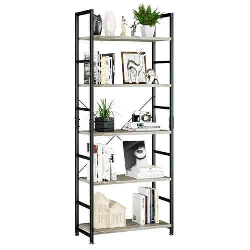 5 Tier Bookshelf, Tall Freestanding Open Storage Bookcase, Grey
