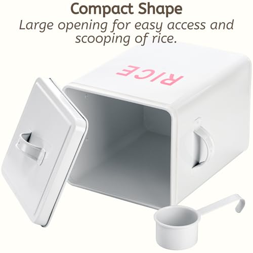 10 Lbs Metal Rice Storage Container, Square Rice Canister with Lid and Measuring Scoop, Countertop Sealed Food Storage Container for Cereal, Beans, Pet Food, White - view 4