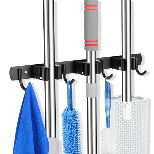 3 Racks and 4 Hooks Mop and Broom Holder Wall Mount, Self Adhesive Heavy Duty Broom Organizer Storage Tool Racks for Kitchen Garden Laundry Garage