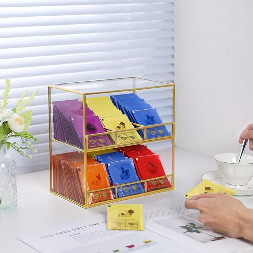Glass Tea Bag Organizer for Counter, 2-Tier Teabag Organizer Storage Holder for Tea Bags, Glass Caddy Box Containers, Rack Teabag Station Stand for Cabinet Kitchen, 2-Tier, Gold - view 6