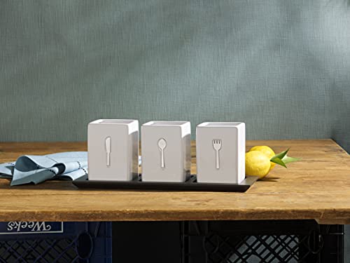 3-Piece Ceramic Caddy with Wood Tray, White, Black - view 5
