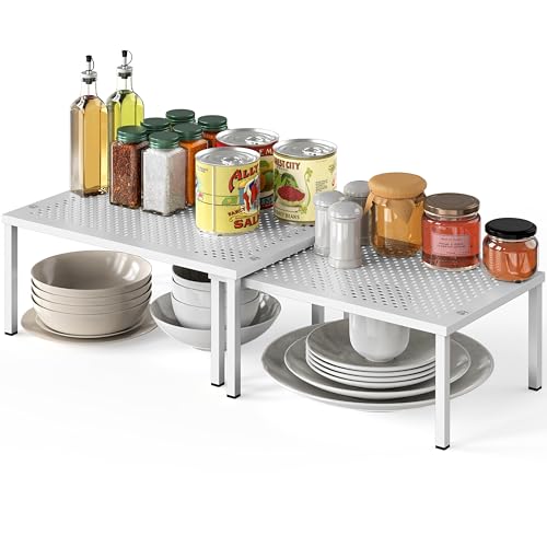 Expandable Stackable Kitchen Counter Shelf Organizer, White, Metal Top, 11.25"L x 7.9"W x 5.4"H