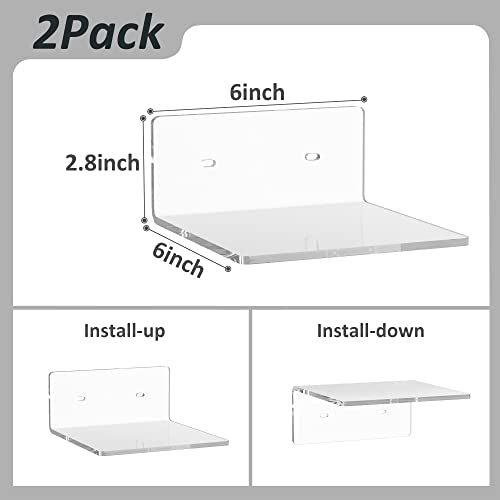 6 Inches Acrylic Small Wall Shelves 2 Pack, Floating Shelf for Wall Mounting, Acrylic Display Ledges for Funko Pop Figures, Home Décor, Living Room, Gaming Room, Plants(6 inch, Clear) - view 3