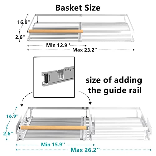 Pull Out Cabinet Shelf, Slide Out Cabinet Organizer Heavy Duty Under Sink, Anti Rust Kitchen Organizer Basket, Smooth Roll Expandable Sliding Drawer, 2 Pack Chrome 15.9''-26.2'' - view 4