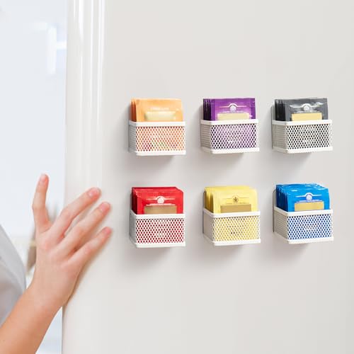 Magnetic Tea Bag Organizer, 6-Piece Metal Tea Organizers and Storage for Refrigerator, Counter, Idea Tea Gift for Tea Lovers (White)