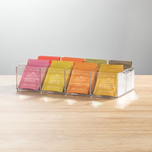 Plastic Condiment Organizer and Tea Bag Holder - 8-Compartment Kitchen Pantry/Countertop Storage Caddy - Divided Chip, Snack, Oatmeal Packet Holder - Lumiere Collection - 2 Pack, Clear
