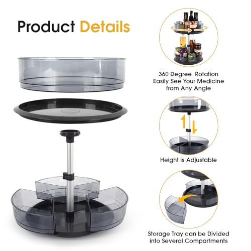 2 Tier Medicine Cabinet Organizer, Rotary Turntable Organizer for Medicine and Vitamin Bottles, Under Sink Organizer for Medicine, Bathroom Cabinet Storage, Tray has Removable Dividers, Easy Assembly - view 2