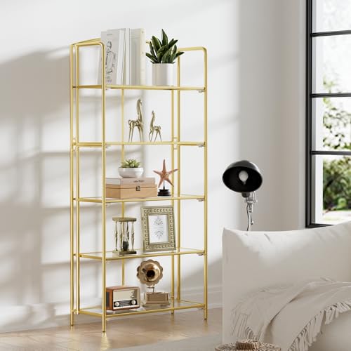 5-Tier Wider Foldable Bookshelf, Gold Frame & Transparent Shelves - view 2