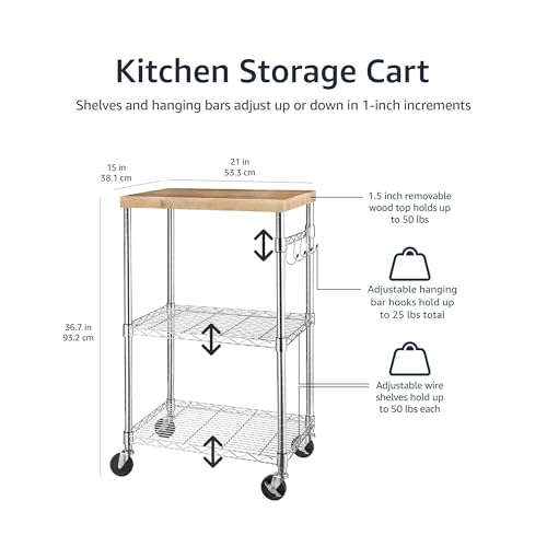Portable Kitchen 3-Tier Storage Rack on Caster Wheels with Adjustable 2 Shelves, 175 Pound Capacity, 21 x 15 x 36.7 inches (LxWxH), Wood/Chrome - view 4