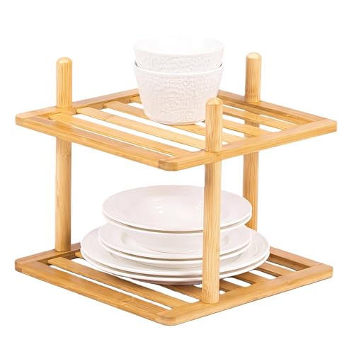 2-Tier Bamboo Plate Organizer,Corner Shelf for Kitchen | Pantry Storage,Dish Rack,Spice Rack,Corner Organizer,Kitchen Counter Shelves,Kitchen Storage,Holds Plates