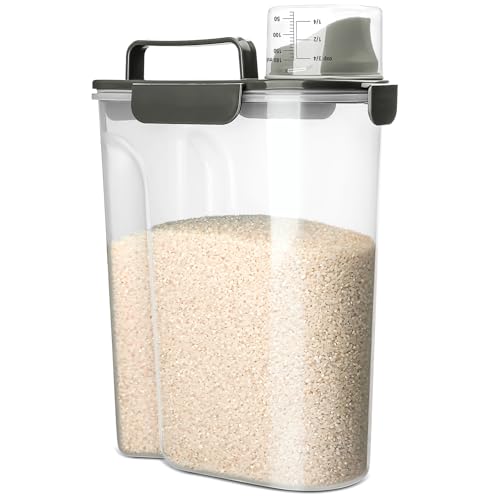 Rice Storage Container, 5 to 10lb Dry Food Airtight Dispenser, Pet Dog Cat Food Canister, BPA Free Clear Plastic Kitchen and Pantry Organization Bin for Oatmeal, Grain, Cereal, Pasta, Flour