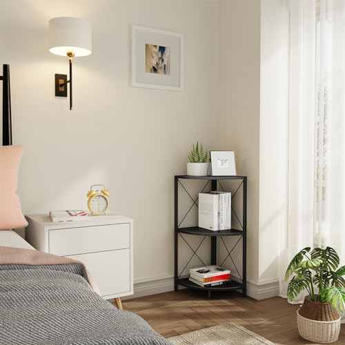 Corner Shelf with Metal Frame, 3 Tier Corner Storage Organizer, Freestanding Corner Bookshelf Stand Display Rack for Kitchen, Living Room, Black - view 6