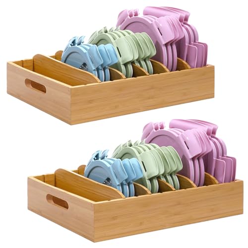 Bamboo Lid Holder Food Container, Kitchen Organizer with 5 Adjustable Dividers, Cabinet Organizer for Food, Kitchen Gadget, Container Lids (2pcs)