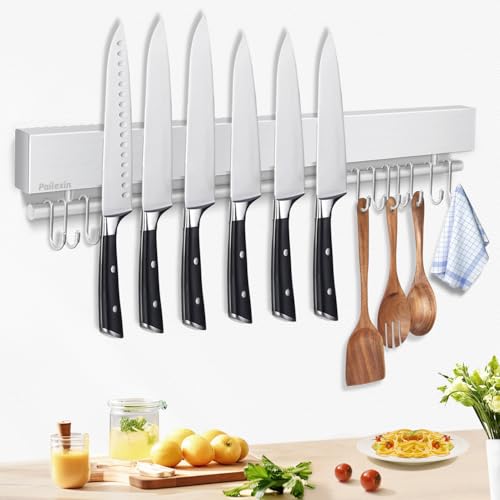 20 inch magnetic knife holder with 10 hooks, no drilling knife magnetic strip, and utensil hanger for wall. Powerful knife magnet rack includes tape and screw