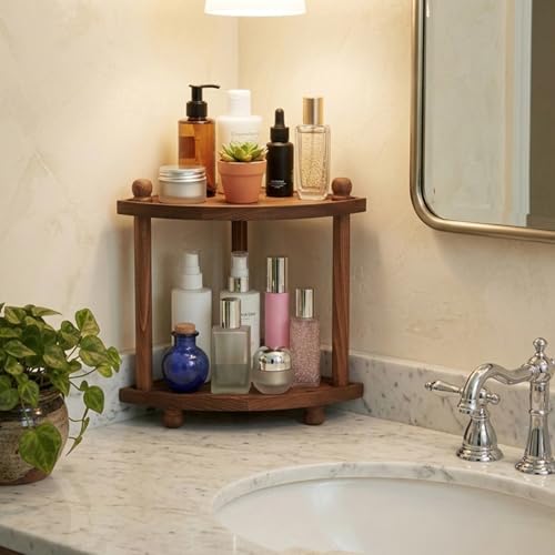 Corner Bathroom Counter Organizer, 2-Tier Bathroom Organizers and Storage, Wooden Vanity Perfume Organizer Makeup Countertop Shelf for Kitchen Dresser - view 2
