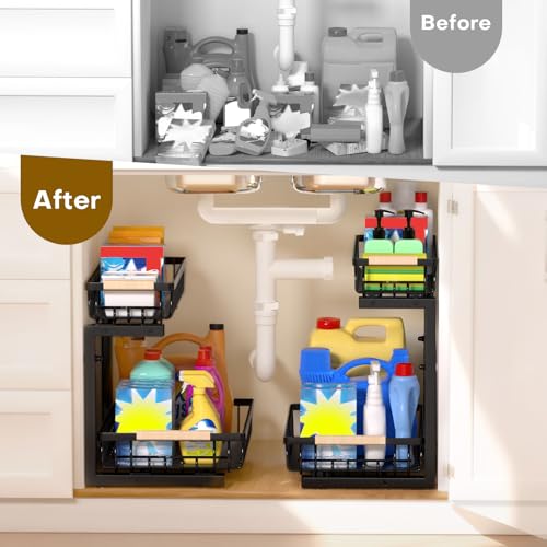 Under Sink Organizer, Heavy-Duty & Rust-Resistant Carbon Steel Metal, 2 Tier Pull Out Under Bathroom Sink Storage, Adjustable Height (13.8" -16.9"), Organizer for Kitchen Cabinet(2PCS,Black) - view 6