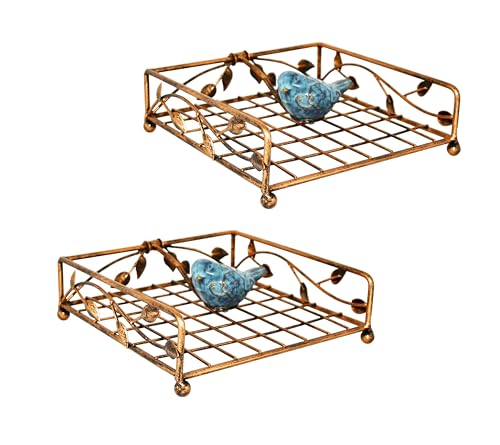 Collection Set of 2 Bronze Coated Metal Flat Napkin Holder Dispensing Stand w/Ceramic Bird, Kitchen and Countertop Flat Napkin Storage Organizer