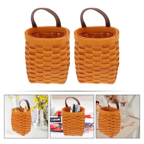 2pcs Woven Hanging Fruit Basket, Wood PU Wall Storage for Kitchen Use - view 3