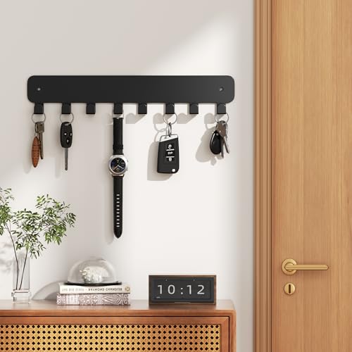 Key Holder Wall Mount, Adhesive Key Rack with 8 Hooks Hanger for Car Key Ring, Metal Key Chain Organizer, Black 1 Pack - view 2