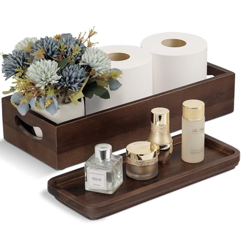 Toilet Tank Topper & Vanity Tray, Acacia Wood Decor Set, Dark Brown