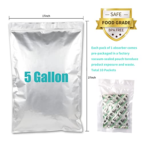 10PCS 5 Gallon Mylar Bags with 2500CC Oxygen Absorbers and Labels, Zipper Resealable Pouches Heat Sealable Bags for Long Term Food Storage - view 2