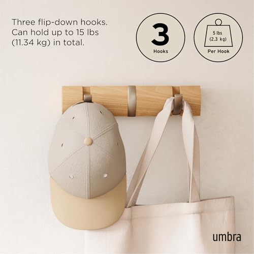 Flip Wall-Mounted Coat Rack with 3 Hooks – Modern, Space-Saving Storage for Hats, Jackets, Bags, Entryway, Mudroom, Closet, Bathroom, Bedroom – Natural/Nickel (Pack of 3) - view 5