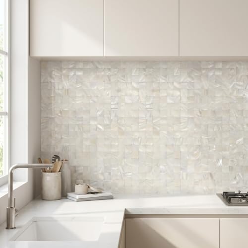 10 - Sheet Pearl Shells Tile Peel and Stick Backsplash, Self Adhesive Wall Tile for Kitchen, Bathroom, Bedroom (11.8"X11.8", White Nature) - view 5