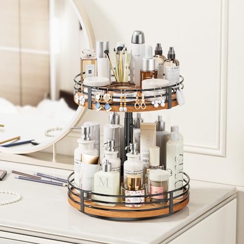 Lazy Susan Turntable Organizer Adjustable - 2 Tier Wood Rotating Spice Rack 12 Inch Lazy Susan for Kitchen Countertop Cabinet Pantry Cupboard Dining Table Bathroom Coffee Bar Home Storage - view 5