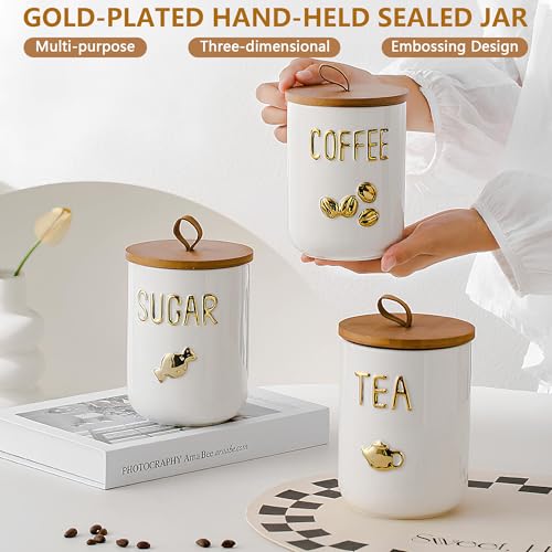 Ceramic Canister Set with Airtight Seal Bamboo Lid Silicone, 27oz Food Storage Jars for Coffee Sugar Tea, Container Set for Kitchen Pantry Counter Decor (Sugar) - view 5