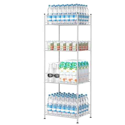 4 Tier Water Bottle Storage Rack Metal Water Bottle Organizer for Floor, Free Standing Bottled Water Holder Stand Beverage Pantry Drink Shelf Dispenser for Kitchen Pantry