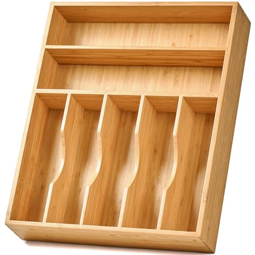 Bamboo Kitchen Drawer Organizer, 13 Inch Silverware Utensil Tray Holder, Extra Deep Grooved Drawer Divider, 7 Slots Total Bamboo Wood Caddy for Flatware Cutlery Knives, Forks, Spoons