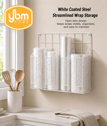 4-Compartment Wall Mount Kitchen Storage Organizer Holder Basket Pantry Caddy Wrap Rack for Aluminum Foil, Sandwich Bags - White 2232 - view 6